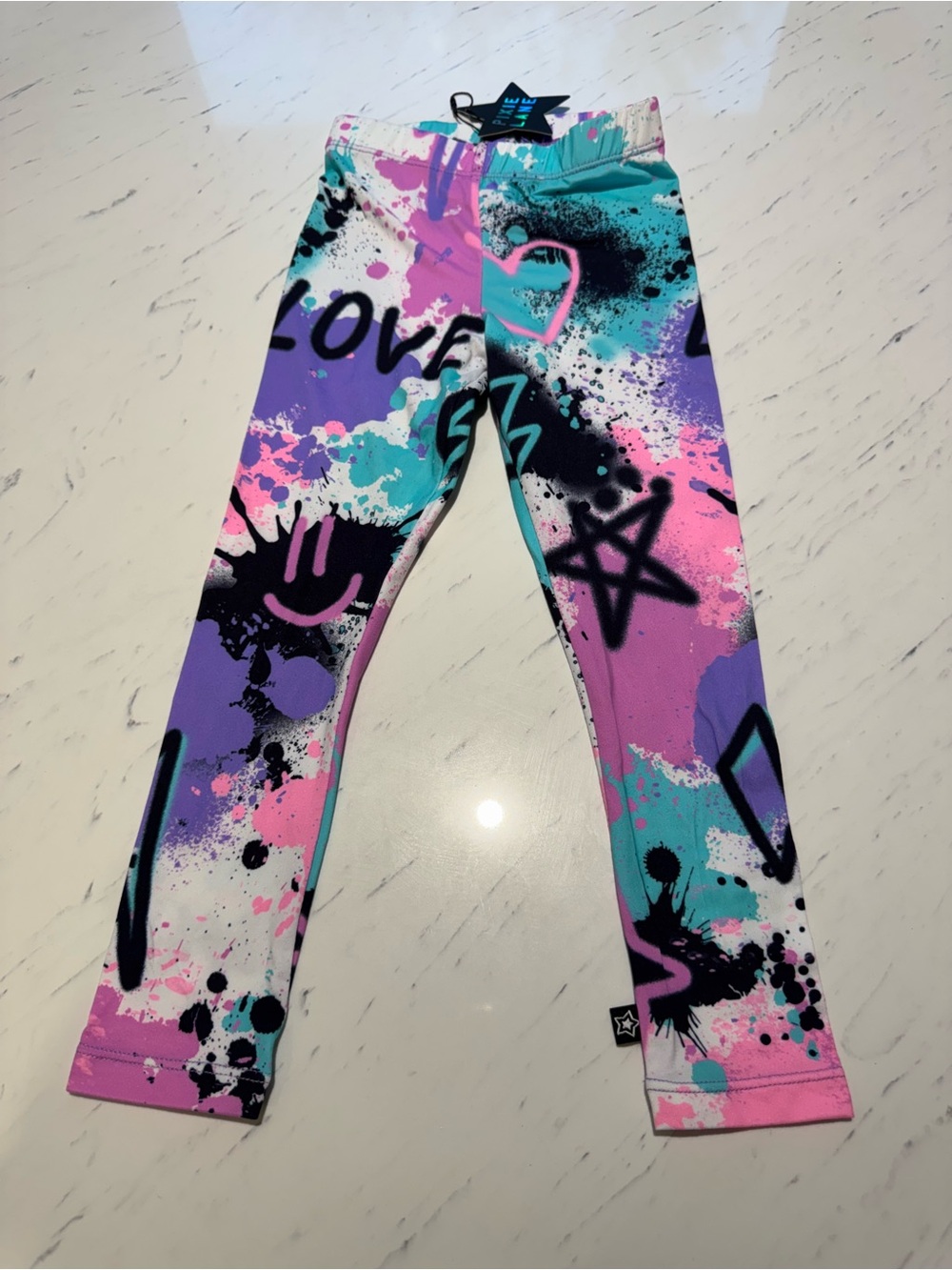 Pixielane Kids Graffiti Heart & Star Leggings - Pink, Purple & Teal